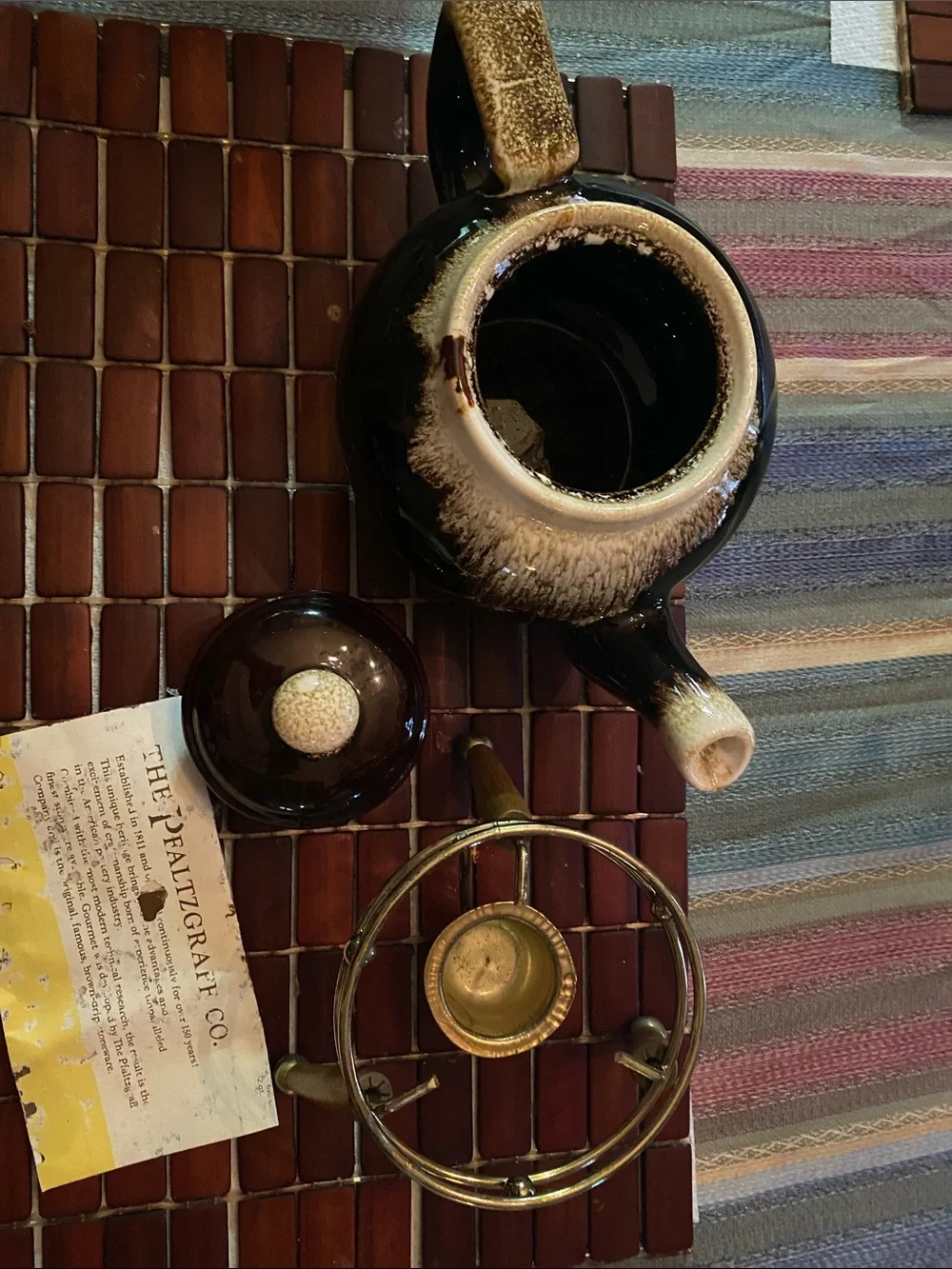Vintage Pfaltzgraff Brown and Cream Drip-Glaze Ceramic Teapot with Stand